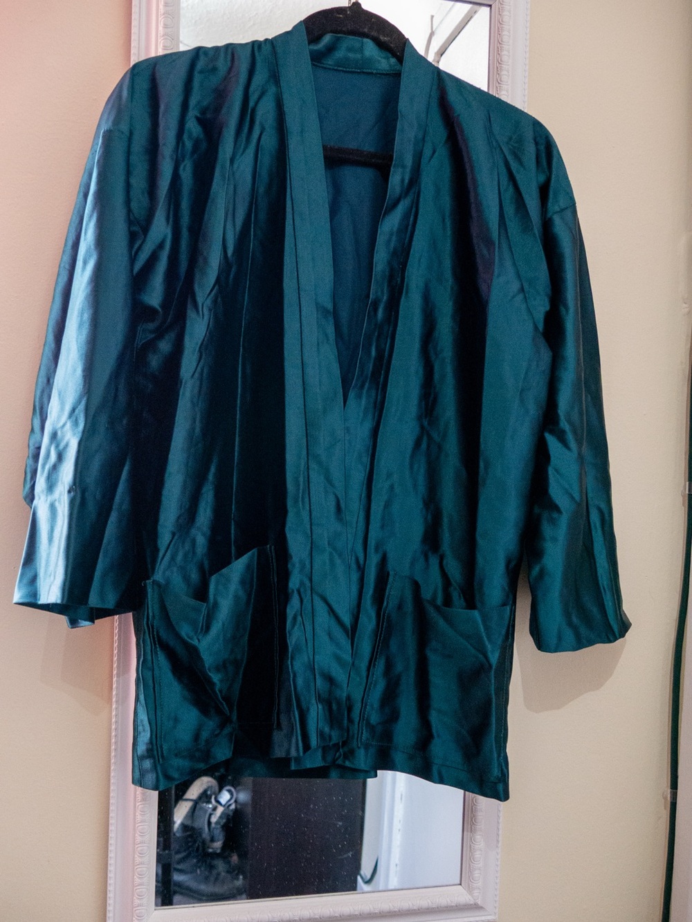 Women Teal Open-Front Satin Jacket